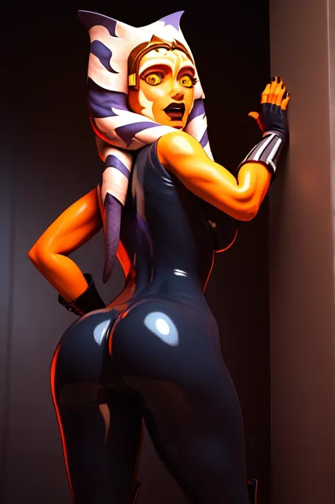 score_9, score_8_up, score_7_up, score_6_up, score_5_up, score_4_up, AhsokaTanoXL, yellow eyes, tentacle hair, orange skin, colored skin, facial mark, large breasts, black latex catsuit, black high heeled thigh high boots, solo, standing, from behind, focu...