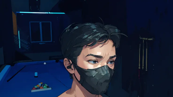 there is a man wearing a mask in a room with pool tables, wearing all black mempo mask. Handsome, realistic, cyberpunk