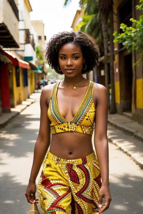 African brunette on a street in exotic clothing