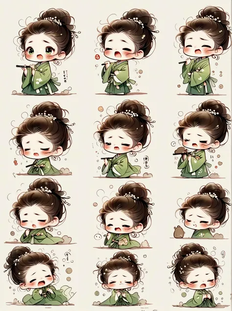 little girl, green hanbok, classical and delicate, bust, chibi, 9 poses and expressions, emoticons [dizzyhappy, angry, crying, s...