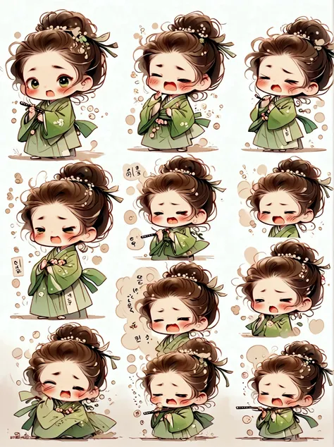 Little girl, green hanbok, classical and delicate, bust, chibi, 9 poses and expressions, emoticons [dizzyhappy, angry, crying, sad, cute, expectant, laughing, disappointed and shy, sleepy, eating, dizzyexpressing love, etc,1, line art, stick-er art, white ...