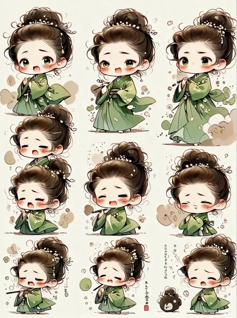 little girl, green hanbok, classical and delicate, bust, chibi, 9 poses and expressions, emoticons [dizzyhappy, angry, crying, s...