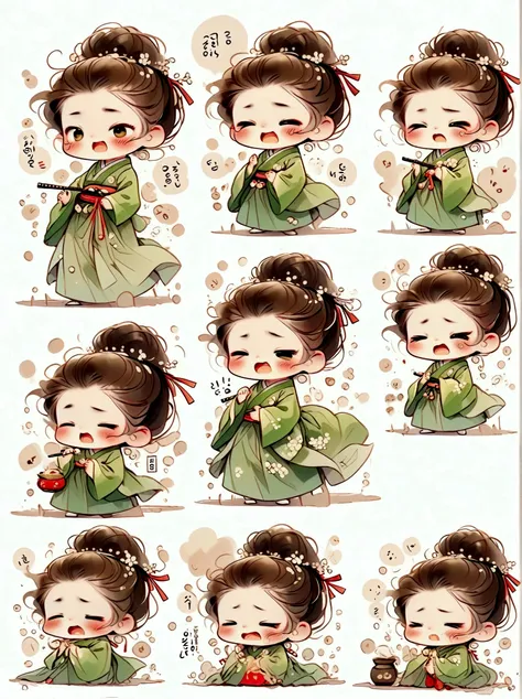 little girl, green hanbok, classical and delicate, bust, chibi, 9 poses and expressions, emoticons [dizzyhappy, angry, crying, s...