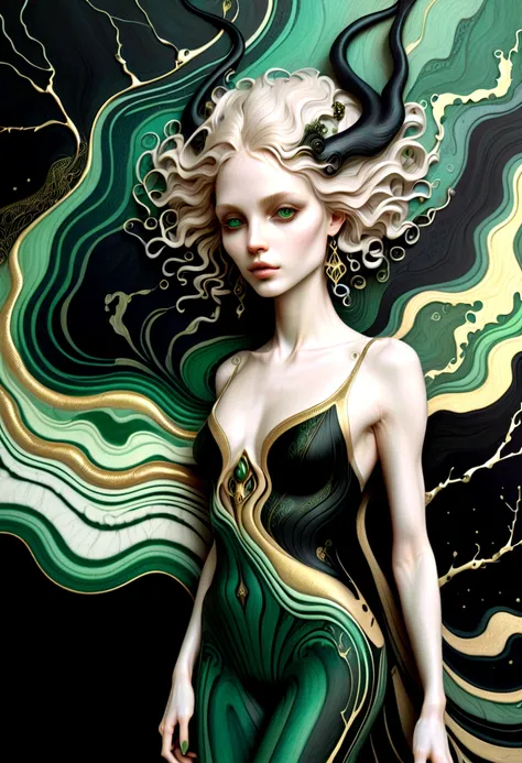 a beautiful illustration of a woman in an abstract marble texture, with colors of obsidian black, shiny gold, and emeral green, highly detailed, intricate design, BY Anne Bachelier,