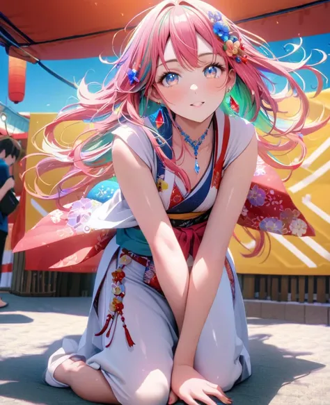 8K,gal，an extremely delicate and beautiful,Beautiful and realistic skin,Shiny jewel-like earrings,Long colorful hair,beautiful eyes,whole body,head to toe,beautiful regs,beautiful japanese Happi,summer festival