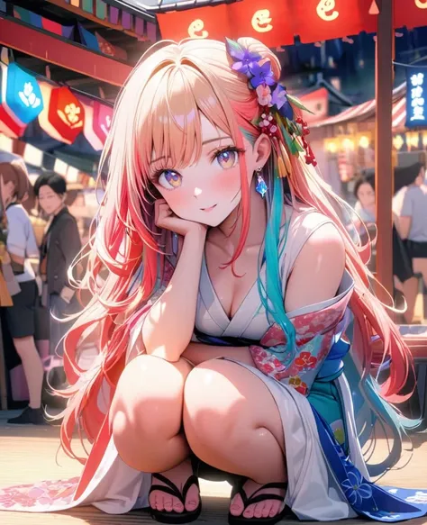 8K,gal，an extremely delicate and beautiful,Beautiful and realistic skin,Shiny jewel-like earrings,Long colorful hair,beautiful eyes,whole body,head to toe,beautiful regs,beautiful japanese Happi,summer festival