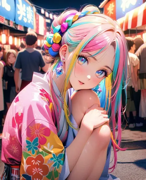 8K,gal，an extremely delicate and beautiful,Beautiful and realistic skin,Shiny jewel-like earrings,Long colorful hair,beautiful eyes,whole body,head to toe,beautiful regs,beautiful japanese Happi,summer festival