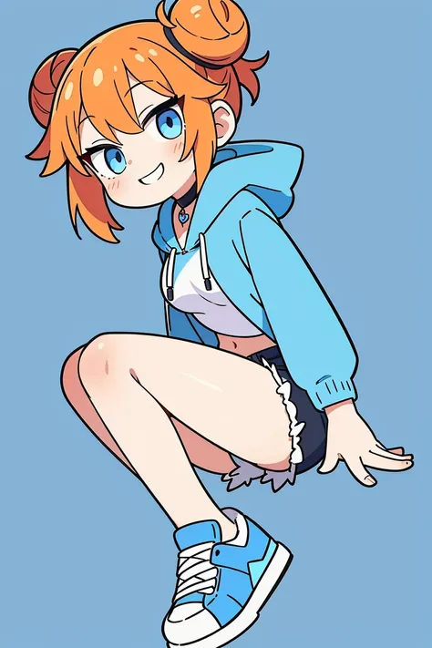 1girl, solo, orange hair, twin buns, blue eyes, eyeliner, light grin, medium breasts, white hoodie with light blue hood, black choker, denim shorts, light blue sneakers, frow below