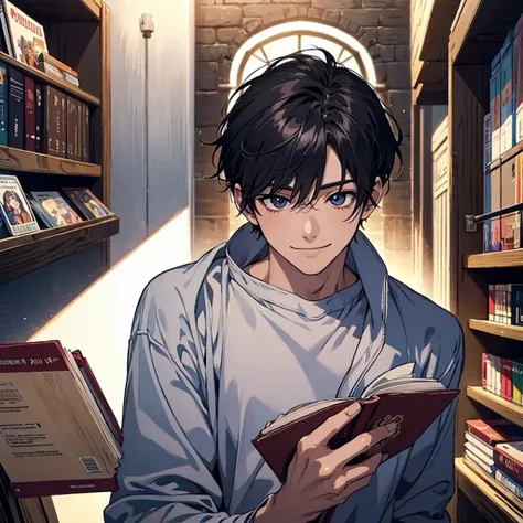 masterpiece , best quality , man , reading , chibi anime boy , smile , black hair