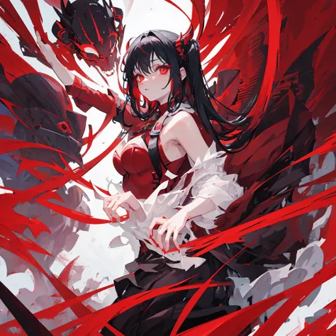 A demon girl with red horns on her head，Beauty，Black hair，Red eyes，Evil，Sexy，Beautiful figure，exposed，((Pure red background))