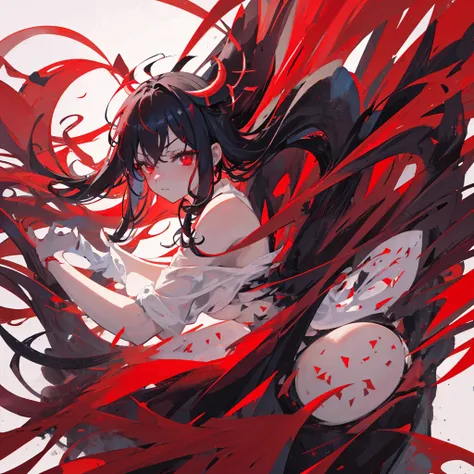 A demon girl with red horns on her head，Beauty，Black hair，Red eyes，Evil，Sexy，Beautiful figure，exposed，((Pure red background))