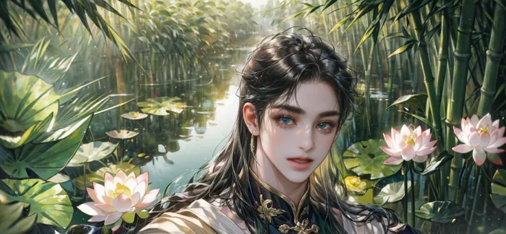 extraordinarily beautiful youth, a bright, innocent smile,All green clothing,(absurdres, highres, ultra detailed, HDR), masterpiece, best quality, (1 boy) , boy character ,((Thick black long hair)),beautiful face,detailed interior, detailed character,((man...