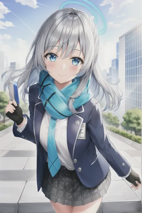 Sky blue scarf，Blue Jacket，Wearing a hat，ID card，White T-shirt，Silver Hair，Gray ear，Black gloves，blue eyes，Plaid skirt，blue halo，on the street，Smile，Looking at the audience