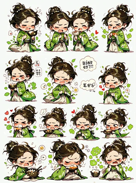 little girl, green hanbok, classical and delicate, bust, chibi, 9 poses and expressions, emoticons [dizzyhappy, angry, crying, s...