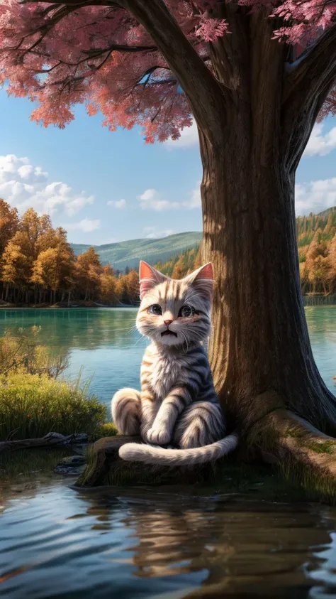 A crying cat with tears streaming down its face, sitting under a large tree near a lake