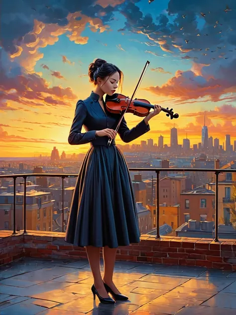 Soulful musician playing the violin on a rooftop at sunset, Musical score, Note, Reflexive, City skyline, Dramatic sunset, Surrealist oil painting by James Jean, Van Gogh, Mark Ryden, Robbie Trevino, Pop Cyberpunk Steampunk Flowerpunk, Atompunk, Cinematic,...