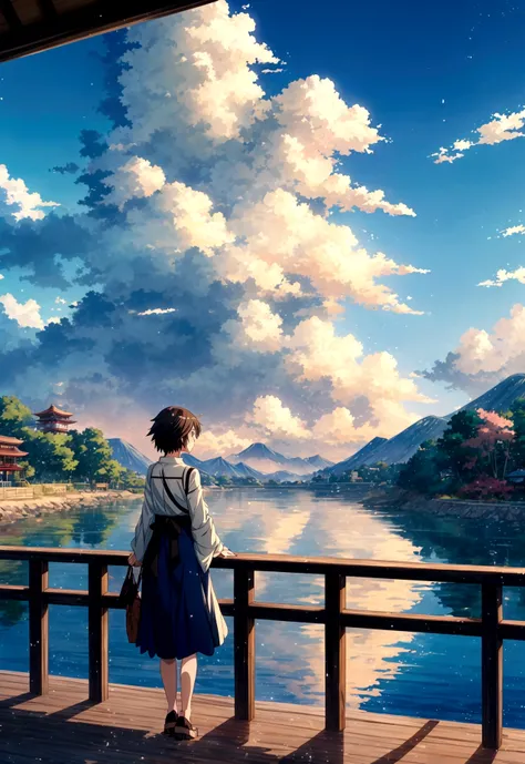 Anime scenery with a bench overlooking the water and mountains, Japanese anime scenery, Beautiful Japanese anime scenery, Beautiful anime scene, makoto shinkais style, Anime Background, Japanese girl, alone,, Beautiful peaceful scene in anime, makoto shink...