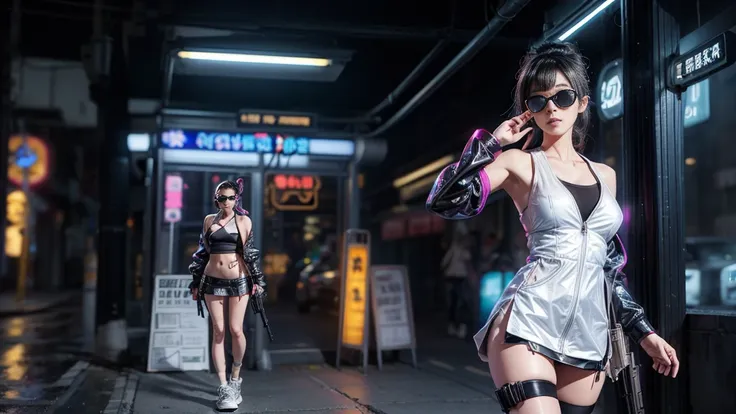 8k, Realistic Skin Texture, Realistic Photo, Neo Tokyo, slim women, large-breast:1.4 cleavage:1.3, AD2050 at night, Dirty hunting jacket, Wearing tube top, miniskirt, (((black sunglasses, automatic rifle, sneakers, cold, shooting pose, very low angle view)...