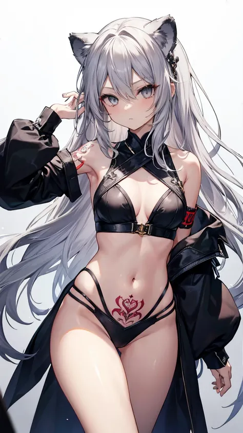 High resolution、Girl、Silver Hair、Long Hair,(),Lion ears、Grey Eyes、Slender、Toned body,Dancer,Bonfire,Tattoo,