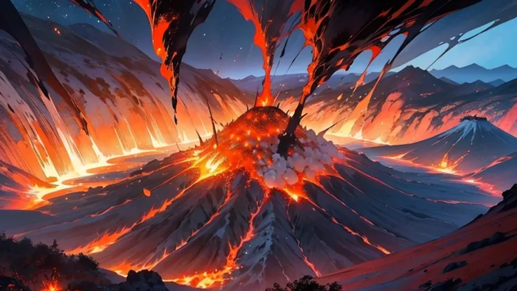 火山のmagmaの中に大量のゴミを捨てる人,crater,magma