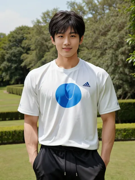 独奏: 1.5, (As a matter of fact, Masterpiece, 8k HD, good light quality, White sportswear, fit the face, complicated details), A handsome, muscular young Korean man. , 20 years old, be happy, smile brightly, detailed face, delicate eyes, มองดูsky,  period, b...