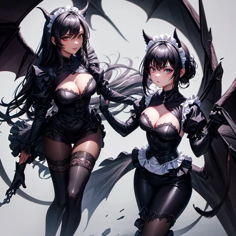 A black dragon woman maid, wears a maid&#39;s outfit showing her panties, has super big breasts, has long, messy black hair, It has red eyes, has a black dragon&#39;s horn, black dragon&#39;s wings and a black dragon&#39;s tail, wear black boots.