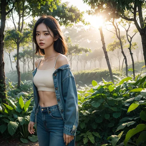 1girl, anomaly off shoulder jacket, jeans, safari park, ultra-detailed, cinematic composition, sunlight exposure, ultra HD, 16k, best quality, masterpiece, hyper realistic, photorealistic, award winning, 8k, dramatic lighting, volumetric lighting, volumetr...