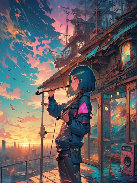 Soulful musician playing the violin on a rooftop at sunset, Musical score, Note, Reflexive, City skyline, Dramatic sunset, Surrealist oil painting by James Jean, Van Gogh, Mark Ryden, Robbie Trevino, Pop Cyberpunk Steampunk Flowerpunk, Atompunk, Cinematic,...