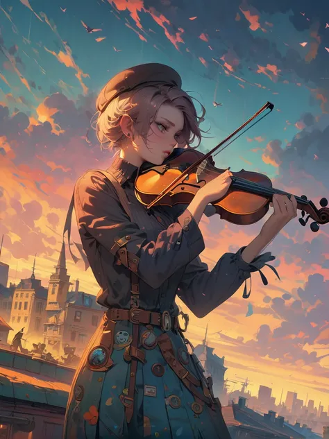 Soulful musician playing the violin on a rooftop at sunset, Musical score, Note, Reflexive, City skyline, Dramatic sunset, Surrealist oil painting by James Jean, Van Gogh, Mark Ryden, Robbie Trevino, Pop Cyberpunk Steampunk Flowerpunk, Atompunk, Cinematic,...