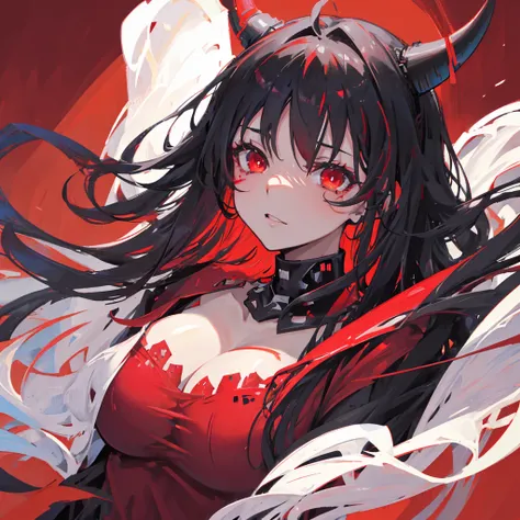 A demon girl with red horns on her head，Beauty，Black hair，Red eyes，Evil，Sexy，Big breasts，Beautiful figure，((exposed))，((Pure red background))