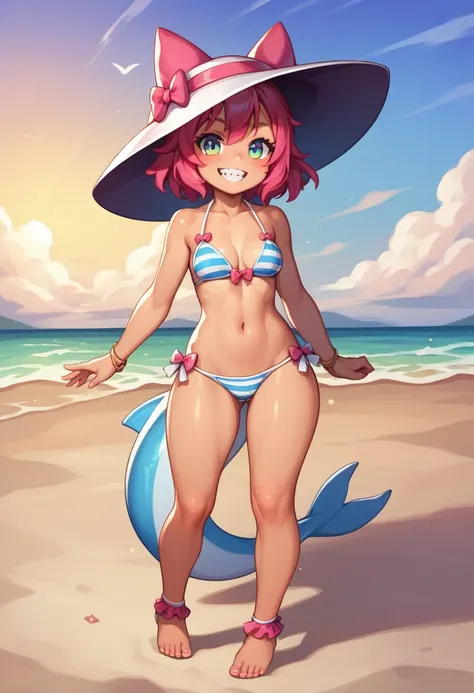 (masterpiece), best quality, Teenage girl in cute shark doll costume, standing,with open hands and feet, baring teeth and grinning at the camera, on the beach, with the beach in the background