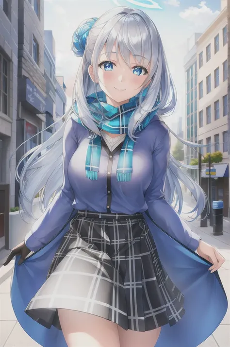 1girl, beautiful detailed blue eyes, silver hair, wearing a blue hooded jacket, light blue scarf, white t-shirt, black gloves, plaid skirt, standing on city street, smiling at viewer, blue halo above head, ultra-detailed, 8k, highres, photorealistic, vivid...