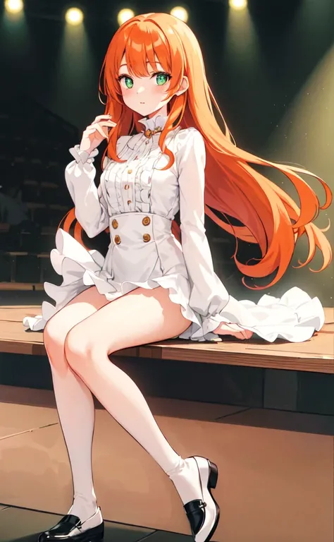 (best quality,high resolution,Beautiful and delicate eyes,White lighting:1.2),Green Eyes, Looking at the audience, Long hair, Orange Hair，leather shoes, Black footwear,White socks， blush, Long sleeve, Bangs, Black Hair, Orange Hair, Ruffles, 