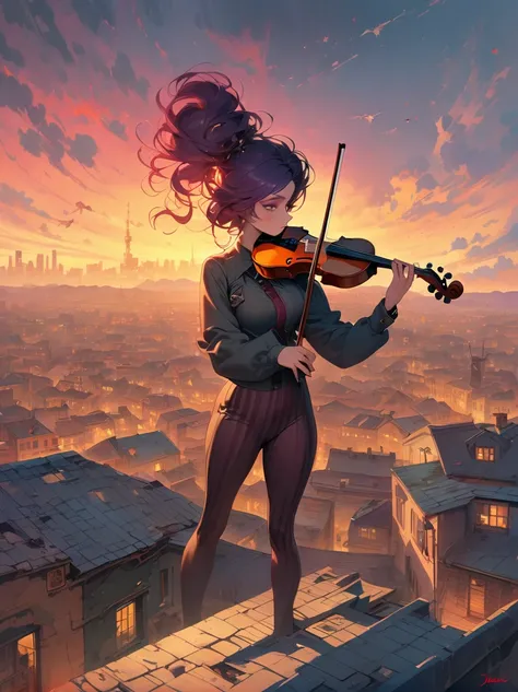 Soulful musician playing the violin on a rooftop at sunset, Musical score, Note, Reflexive, City skyline, Dramatic sunset, Surrealist oil painting by James Jean, Van Gogh, Mark Ryden, Robbie Trevino, Pop Cyberpunk Steampunk Flowerpunk, Atompunk, Cinematic,...