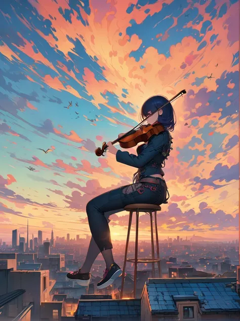 Soulful musician playing the violin on a rooftop at sunset, Musical score, Note, Reflexive, City skyline, Dramatic sunset, Surrealist oil painting by James Jean, Van Gogh, Mark Ryden, Robbie Trevino, Pop Cyberpunk Steampunk Flowerpunk, Atompunk, Cinematic,...