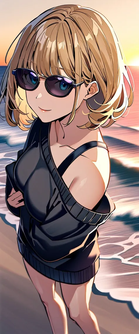 ((sea, beach)), bare legs, ((from above)), (((sunglasses, hand to sunglasses))), (((cowboy shot))), ((wavy hair, inward curled hair)), evening, ((Sunset)), ((blond hair, bob cut:1.3)), breasts, teenager, (looking at viewer), oversized clothes, puffy long s...