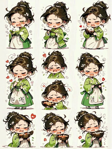 little girl, green hanbok, classical and delicate, bust, chibi, 9 poses and expressions, emoticons [dizzyhappy, angry, crying, s...