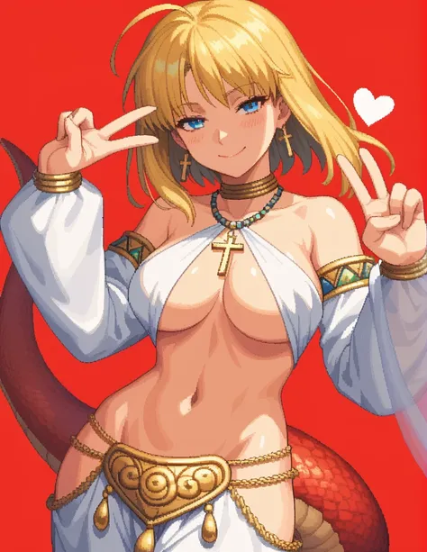 score_9, score_8_up, score_7_up, rating_safe, 1girl, solo, Pixel_Art, Fate/Zero, saber, blue eyes, yellow hair, long hair, side bangs, big breasts, revealing clothing, harem outfit, collarbone, backless, topless, cross halter, necklace, loose sleeves, brac...