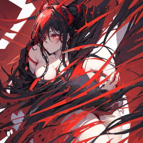 A demon girl with red horns on her head，Beauty，Black hair，Red eyes，Evil，Sexy，Big breasts，Beautiful figure，Left leg in black，Right leg bare，Black high heels，(exposed)，((Pure red background))