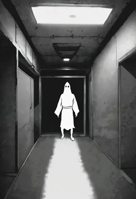 cctv footage of an extremely dark empty room with evil horror Japanese Ghost humanoid 