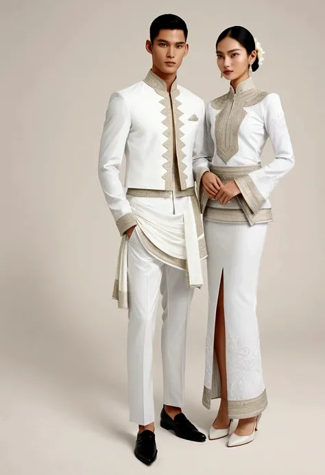 candid fashion illustration of two young man and women, adorned in a meticulously crafted north thai traditional outfit, stands ...