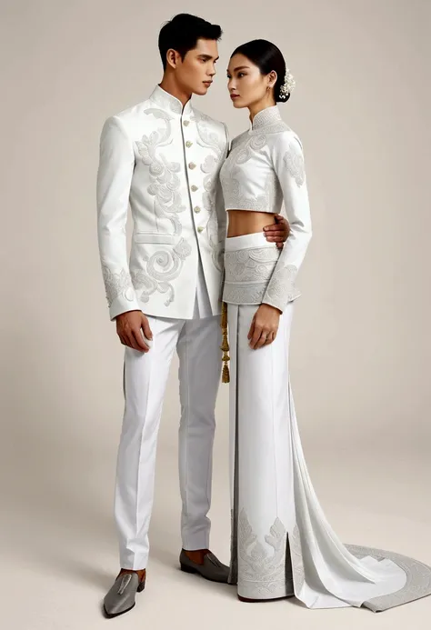 candid fashion illustration of two young man and women, adorned in a meticulously crafted north thai traditional outfit, stands ...