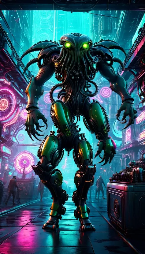 cthulhu creature dancing in futuristic cyberpunk world, chrome mechanical design, intricate gears and machinery, glowing neon li...