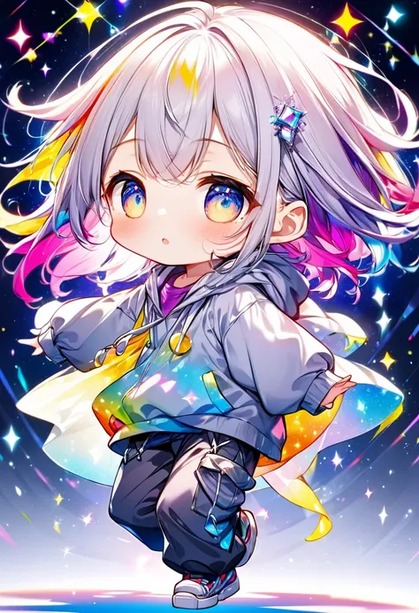 best quality, incredibly absurdres, extremely detailed, 2.5D, delicate and dynamic, chibi, cute girl, wearing baggy clothes, baggy pants, sparkly and vivid color effects, background another dimension