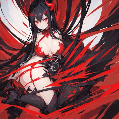 A demon girl with red horns on her head，Beauty，Black hair，Red eyes，Evil，Sexy，Big breasts，Beautiful figure，Left leg in black，Right leg bare，Black high heels，((Pure red background))