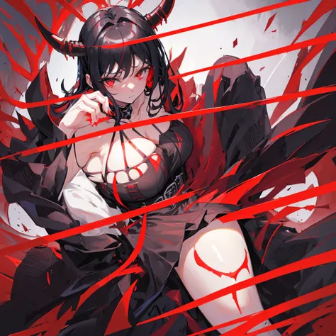 A demon girl with red horns on her head，Beauty，Black hair，Red eyes，Evil，Sexy，Big breasts，Beautiful figure，Left leg in black，Right leg bare，Black high heels，((Pure red background))