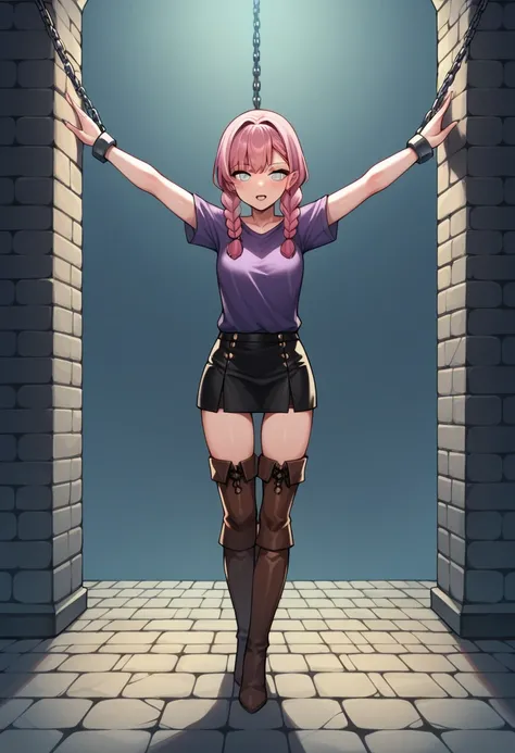 score_9, score_8_up, score_7_up, score_6_up, score_5_up, score_4_up, source_anime, 1girl, pink hair, braids, white eyes, w-w-chain ,shackles, spread arms, clean hair, purple shirt,leather skirt, thigh high boots, brown boots,heels night, dungeon, best qual...