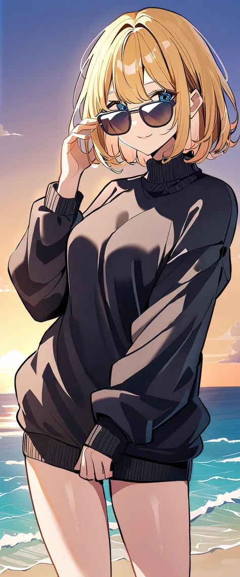 ((sea, beach)), bare legs, (()), (((sunglasses, hand to sunglasses))), (((cowboy shot))), ((wavy hair, inward curled hair)), evening, ((Sunset)), ((blond hair, bob cut:1.3)), breasts, teenager, (looking at viewer), oversized clothes, puffy long sleeves, ((...