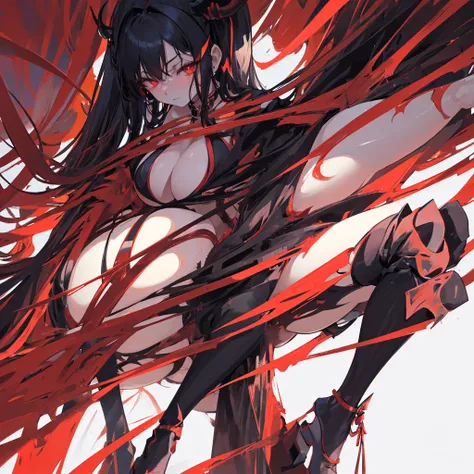 A demon girl with red horns on her head，Beauty，Black hair，Red eyes，Evil，Sexy，Big breasts，Beautiful figure，Left leg in black，Right leg bare，Black high heels，exposed，((Solid red background))