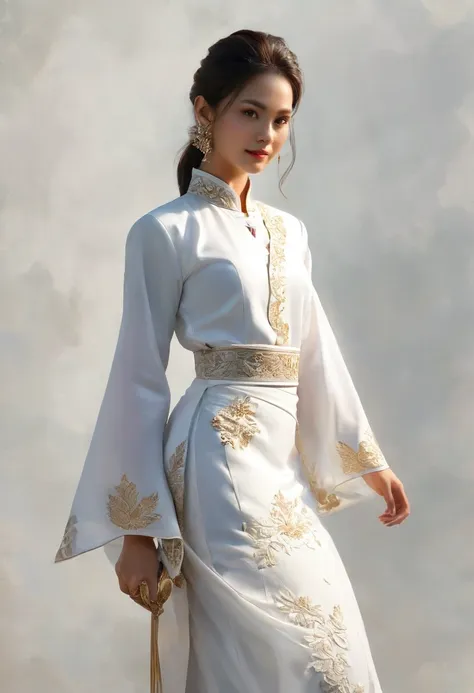 candid fashion illustration of two young man and women, adorned in a meticulously crafted North Thai traditional outfit, stands gracefully against the backdrop of the Thai temples. Their attire shimmers with intricate embroidery and white accents, each ele...